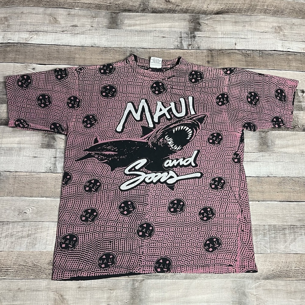 Maui And Sons Shirt Size Large Pink Vintage Aop Surf Tee Sharks Logo Spell out